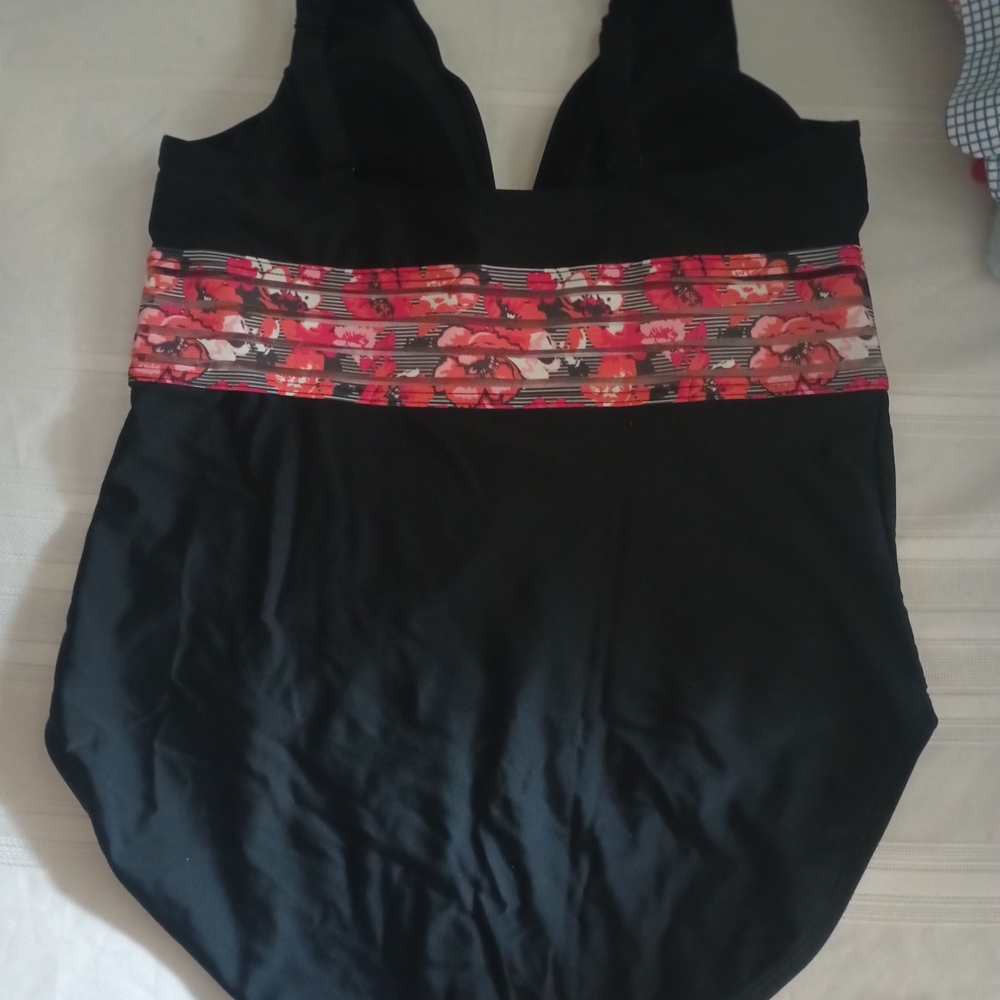 Time and Tru Black Swimsuit with Red Floral Detail